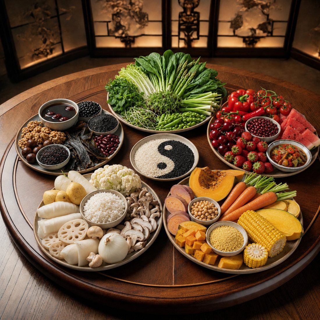 Table ronde composée en Yin et Yang — légumes, fruits, céréales et aliments noirs selon les principes de la diététique chinoise