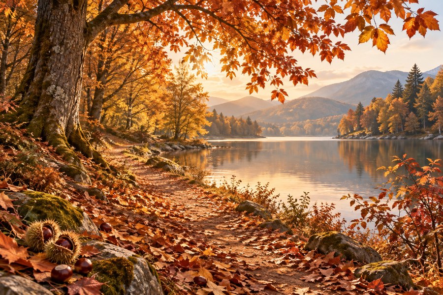 Automne : sentier au bord d'un lac couvert de feuilles dorées