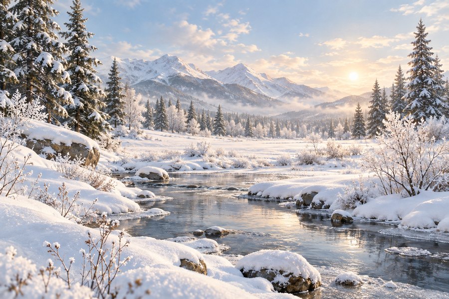 Hiver : rivière et montagnes enneigées