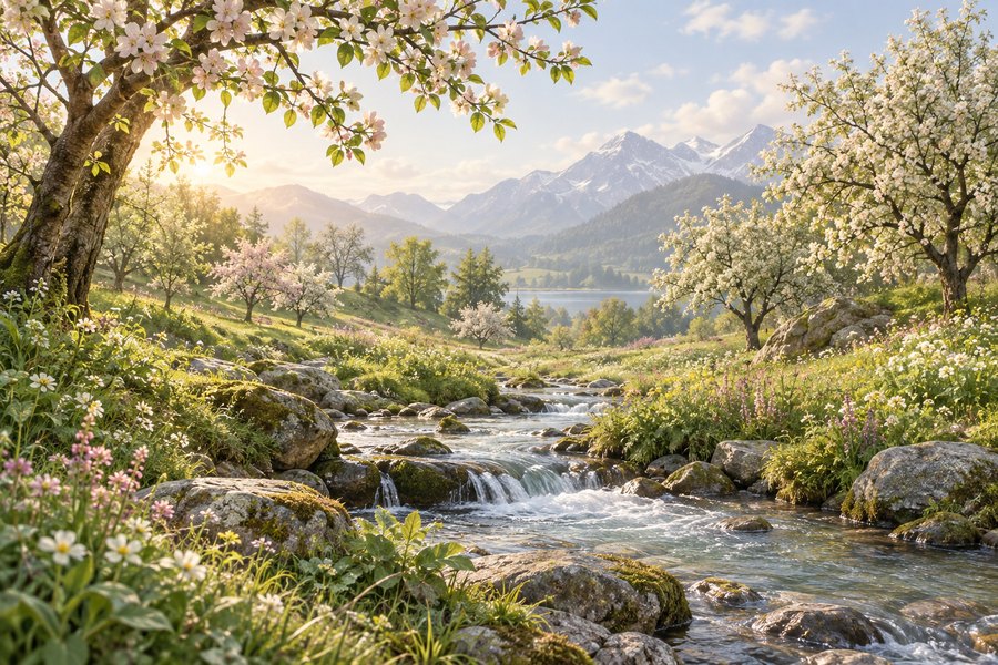 Printemps : arbre en fleurs au bord d'un ruisseau