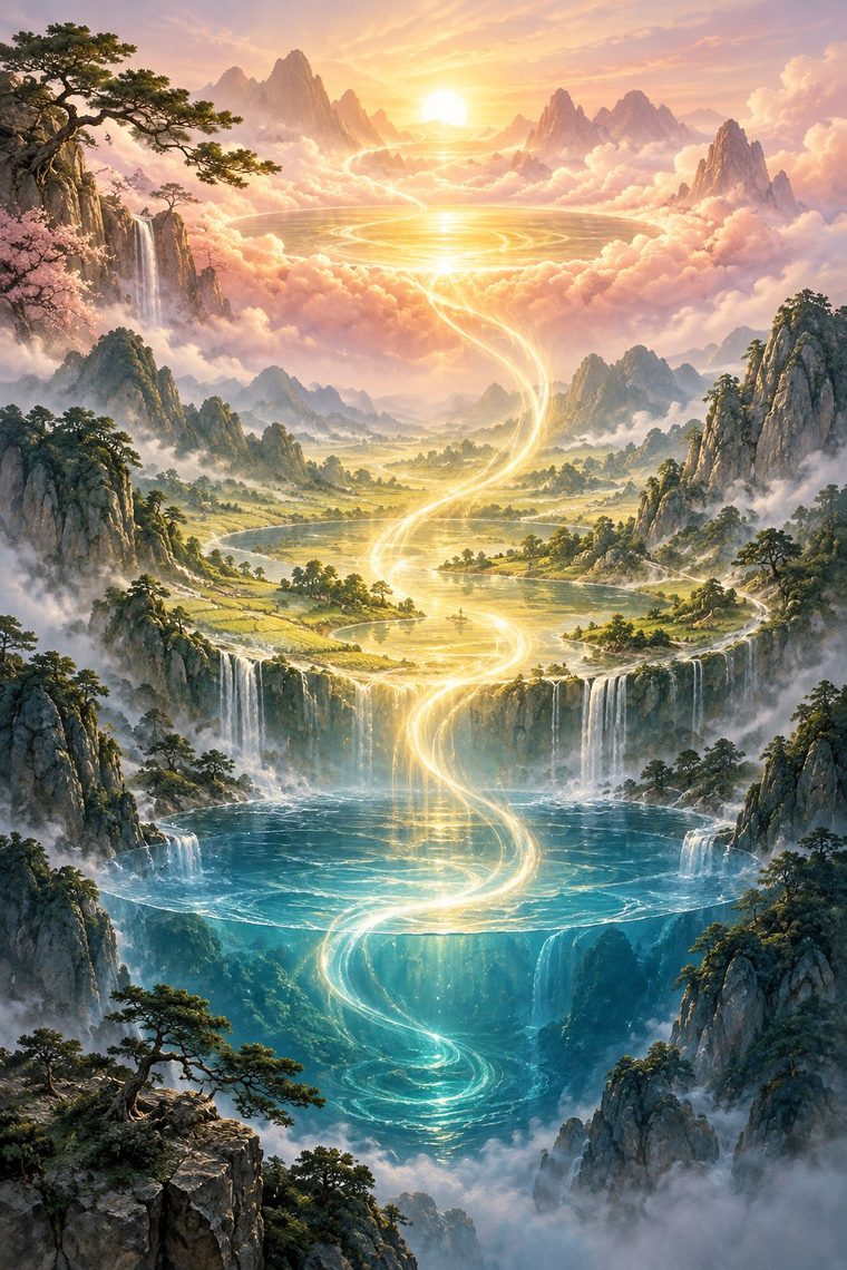 Représentation symbolique du Qi circulant comme une source d'énergie à travers le paysage