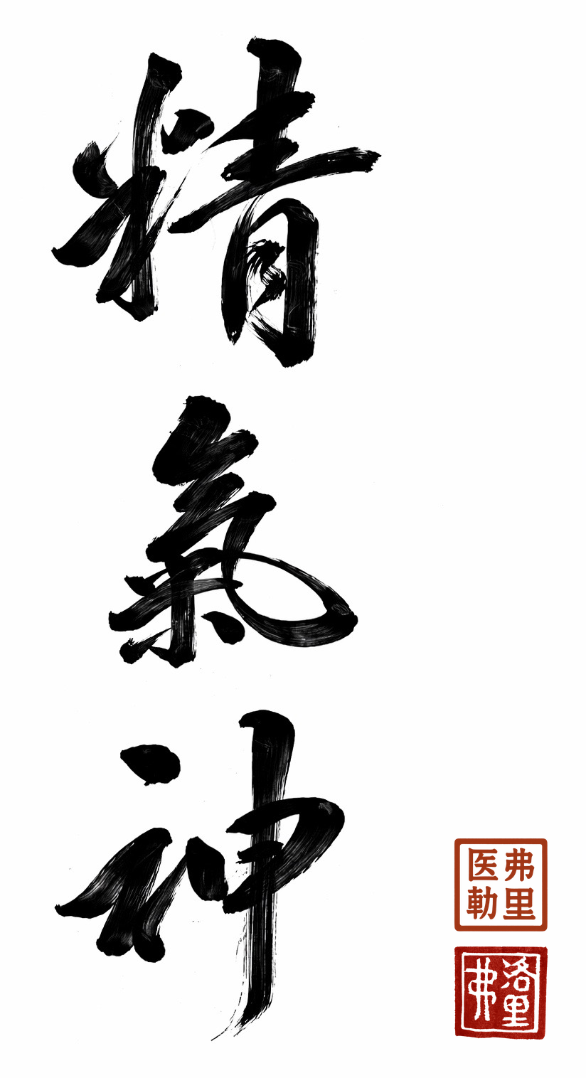 Calligraphie chinoise « Jing Qi Shen » (精氣神) — Essence, Souffle, Esprit, sceau du Dr Fleury
