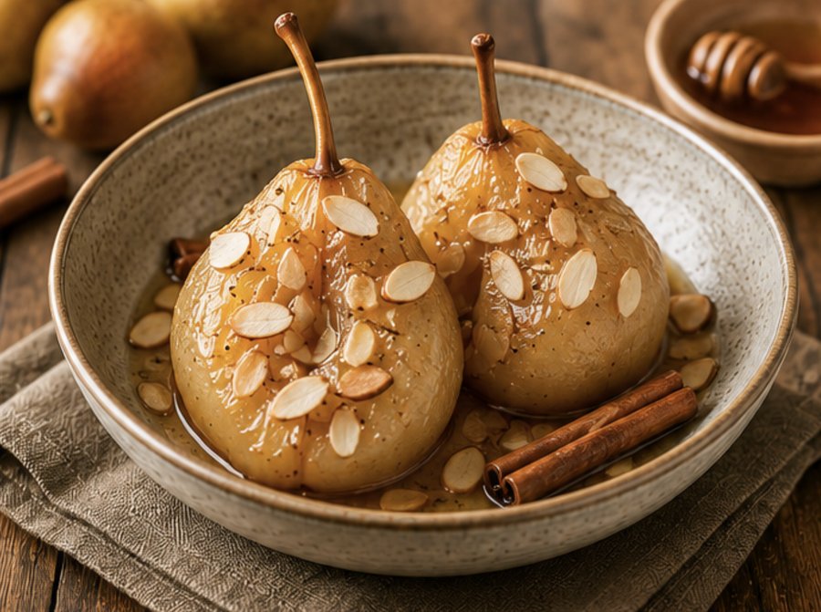 Poires Pochées Miel, Cannelle & Amandes