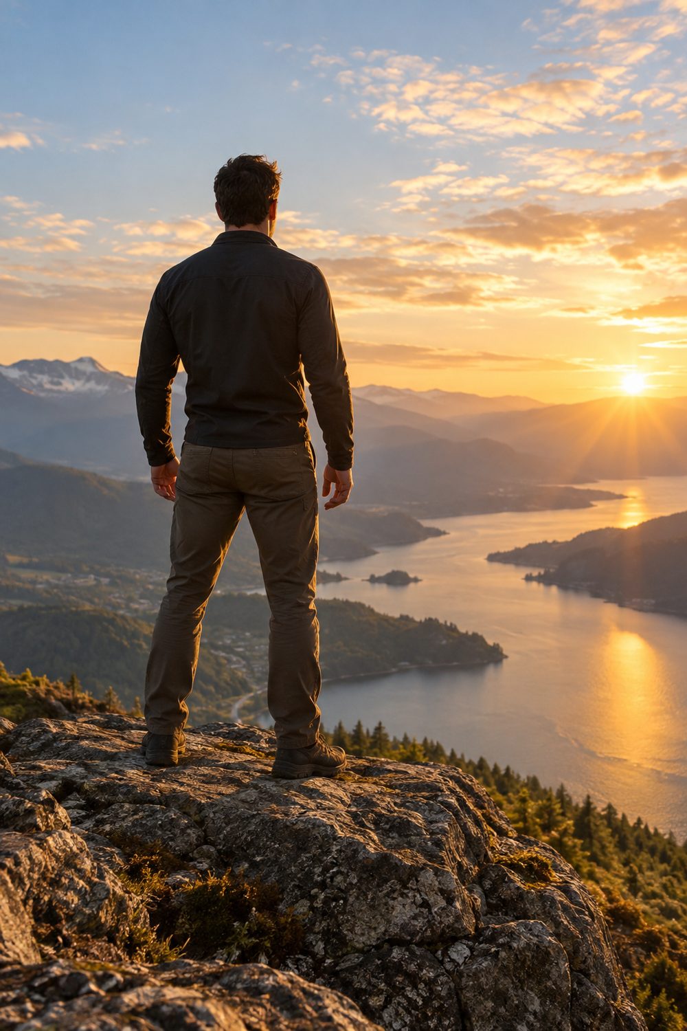 Homme debout de dos, face au lever du soleil sur un paysage de montagnes